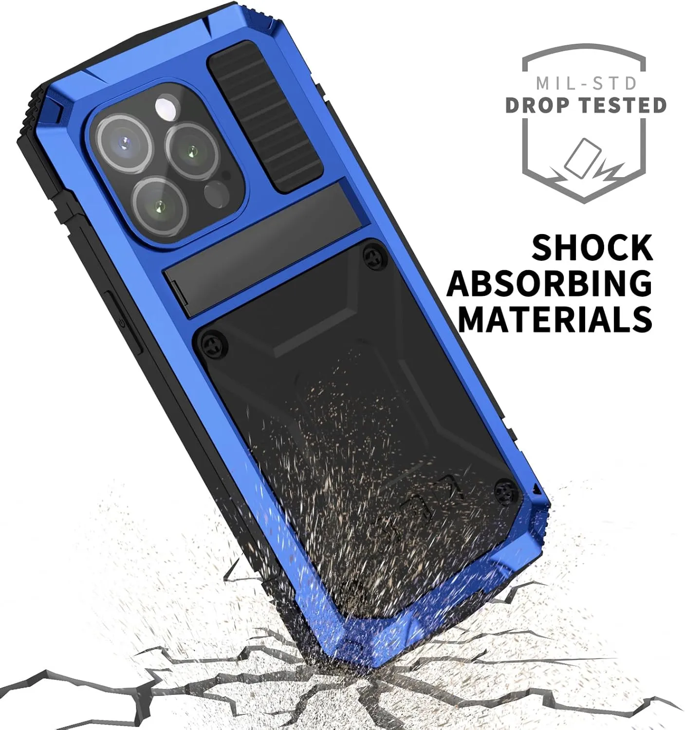Compatible with iPhone 15 Metal Case with Screen Protector Camera Protector Military Rugged Heavy Duty Shockproof Case with Metal Kickstand Full Body Tough Dustproof Case (Blue)