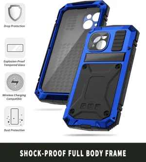 Compatible with iPhone 15 Metal Case with Screen Protector Camera Protector Military Rugged Heavy Duty Shockproof Case with Metal Kickstand Full Body Tough Dustproof Case (Blue)