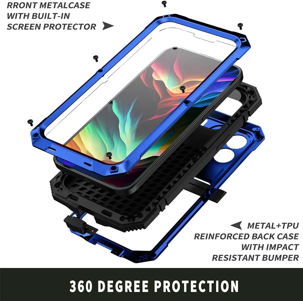 Compatible with iPhone 15 Metal Case with Screen Protector Camera Protector Military Rugged Heavy Duty Shockproof Case with Metal Kickstand Full Body Tough Dustproof Case (Blue)