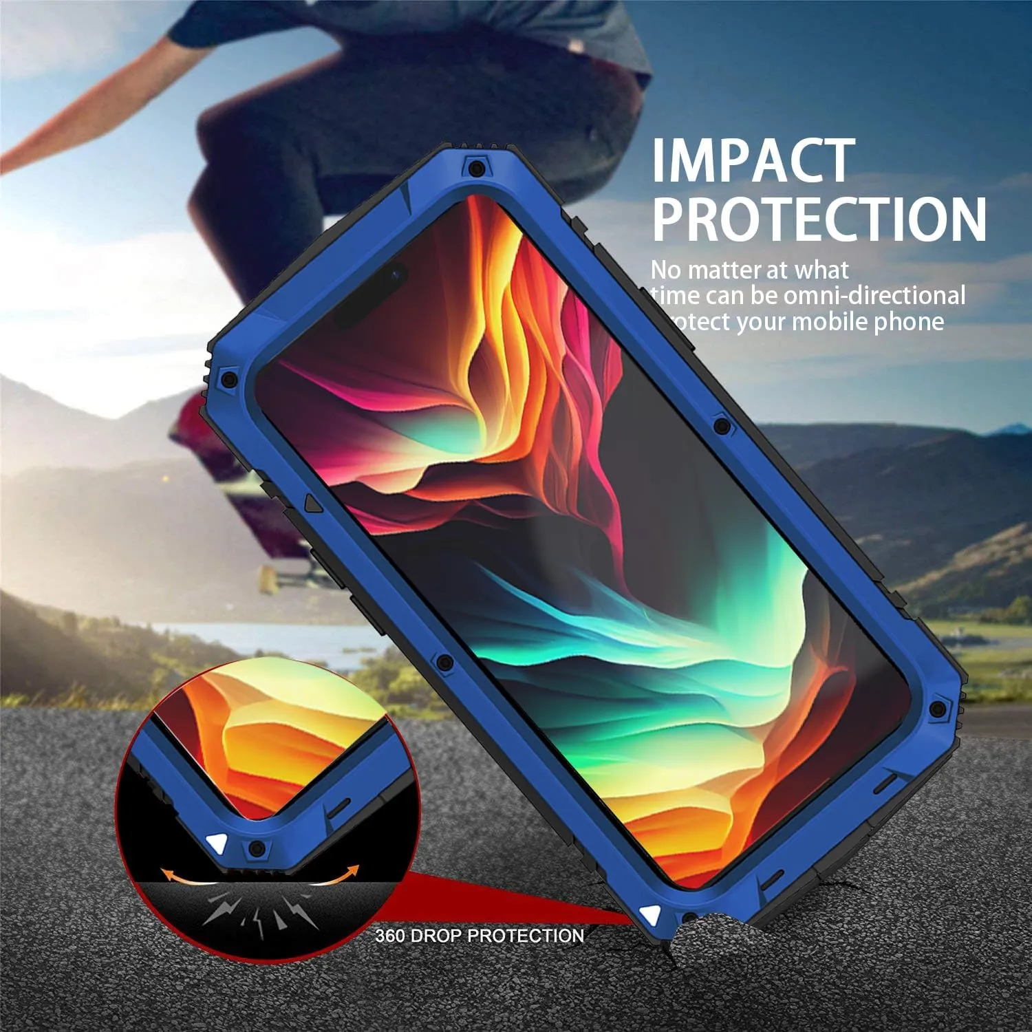 Compatible with iPhone 15 Metal Case with Screen Protector Camera Protector Military Rugged Heavy Duty Shockproof Case with Metal Kickstand Full Body Tough Dustproof Case (Blue)