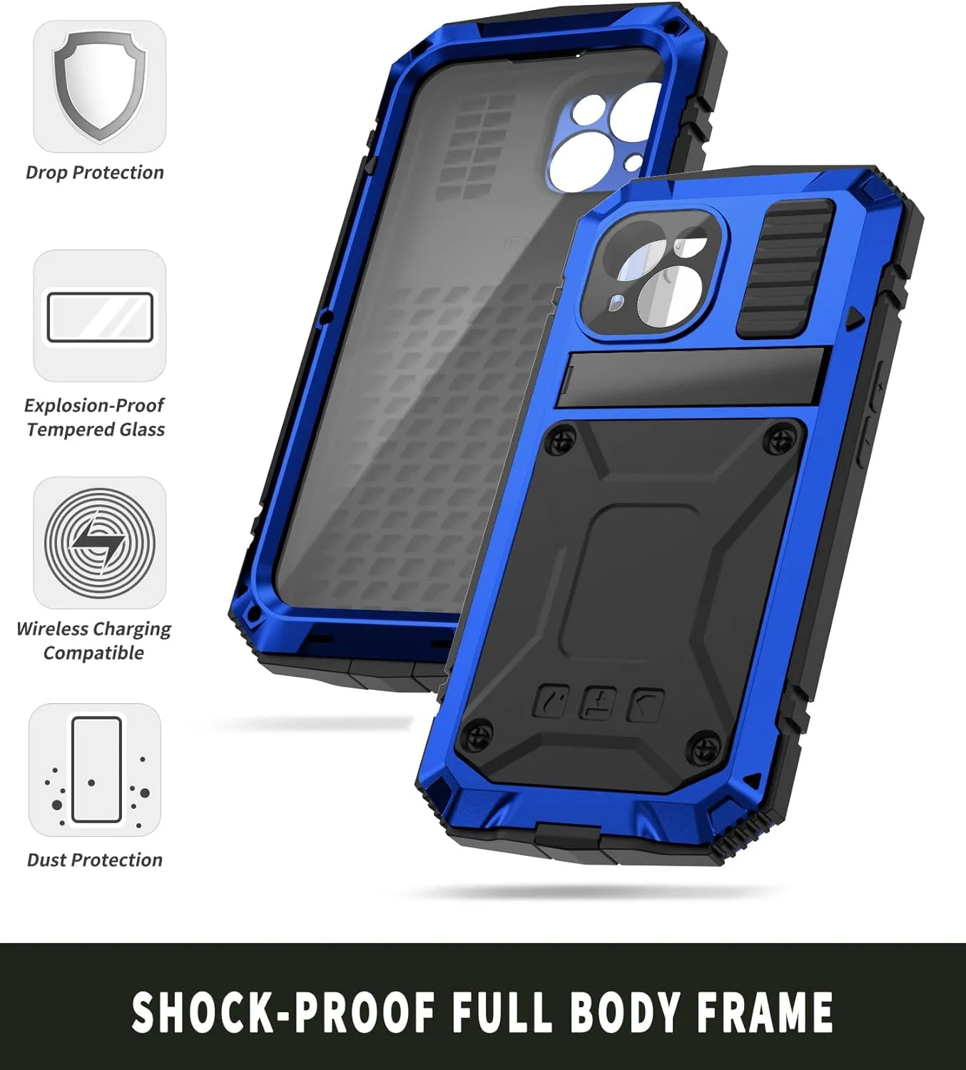 Compatible with iPhone 15 Metal Case with Screen Protector Camera Protector Military Rugged Heavy Duty Shockproof Case with Metal Kickstand Full Body Tough Dustproof Case (Blue)