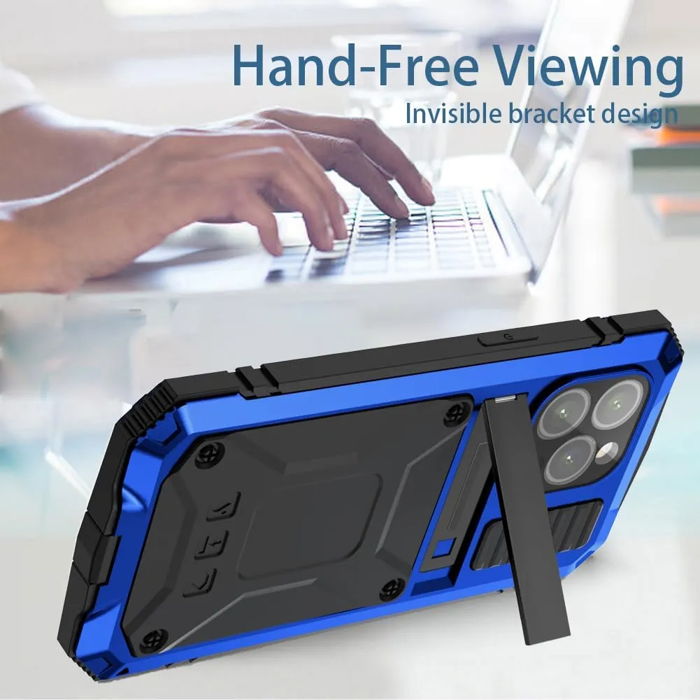 Compatible with iPhone 15 Metal Case with Screen Protector Camera Protector Military Rugged Heavy Duty Shockproof Case with Metal Kickstand Full Body Tough Dustproof Case (Blue)