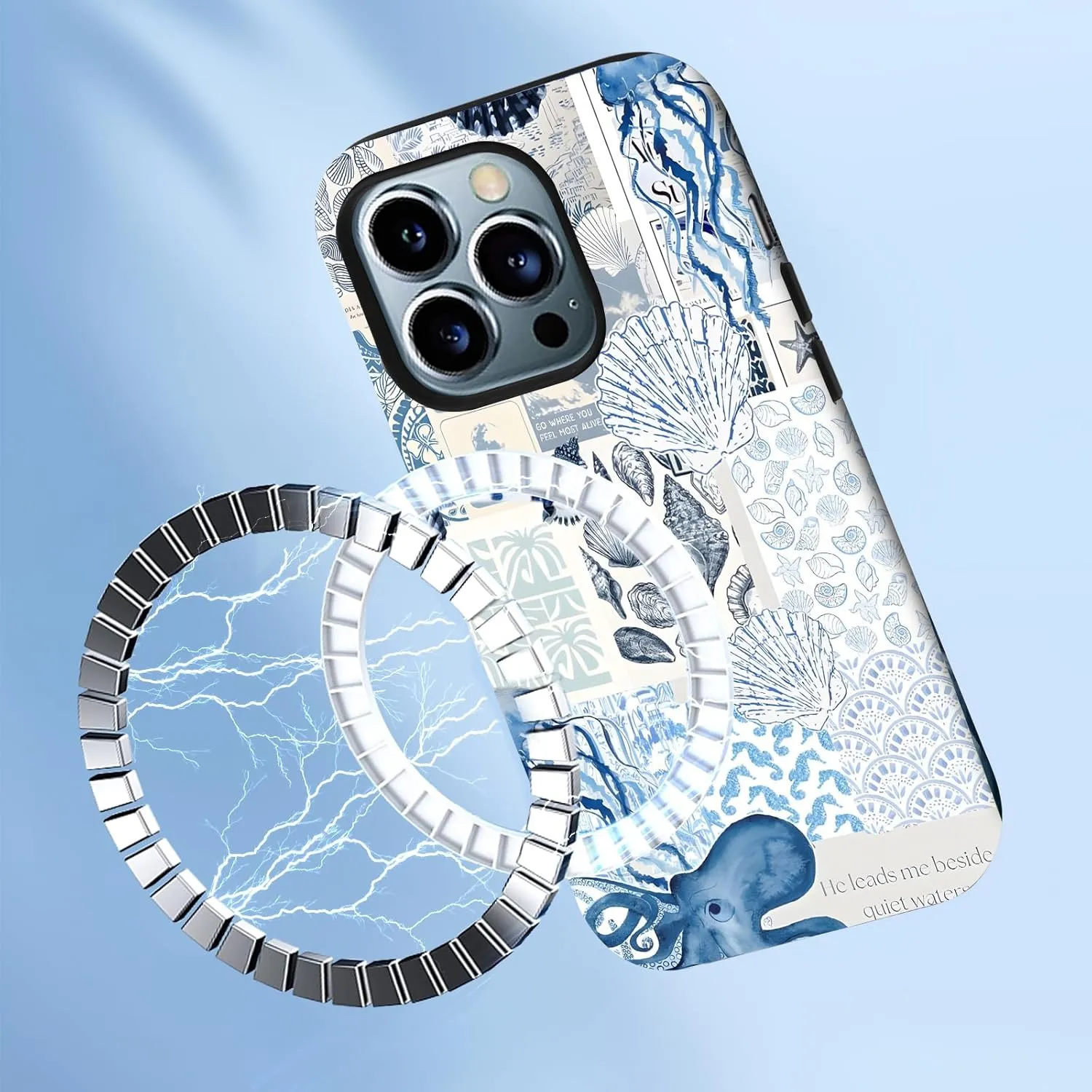 Compatible with Magnetic for iPhone 16 Pro Maxcase ，Blue & White Oceanic & Shell Summer Collage Reverie Art Design, Protective Phone Cover with Anti-Shock Features (for iPhone 16 Pro Max)