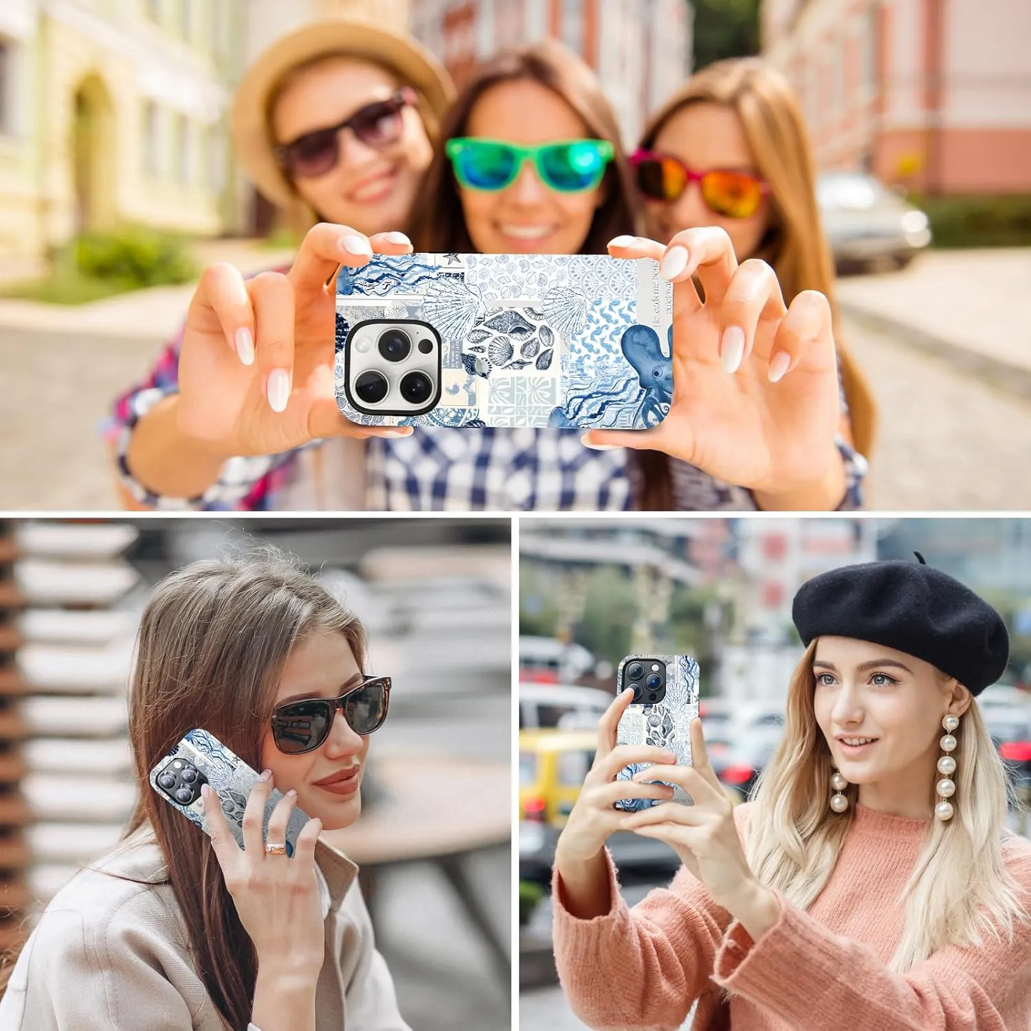 Compatible with Magnetic for iPhone 16 Pro Maxcase ，Blue & White Oceanic & Shell Summer Collage Reverie Art Design, Protective Phone Cover with Anti-Shock Features (for iPhone 16 Pro Max)
