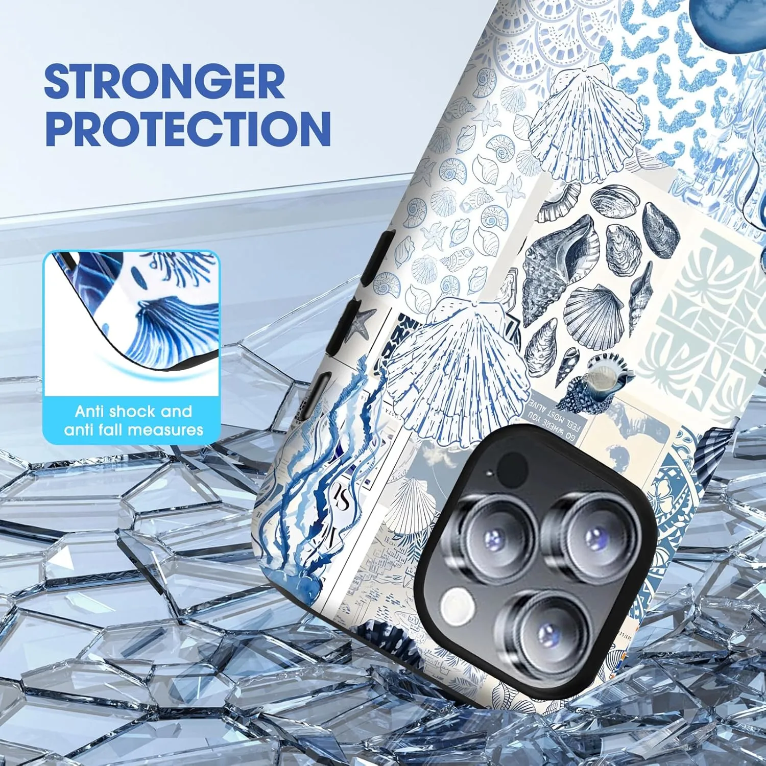 Compatible with Magnetic for iPhone 16 Pro Maxcase ，Blue & White Oceanic & Shell Summer Collage Reverie Art Design, Protective Phone Cover with Anti-Shock Features (for iPhone 16 Pro Max)