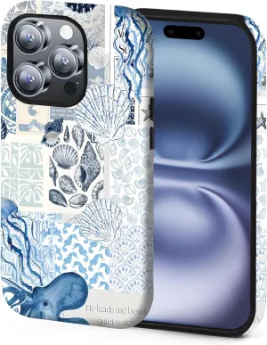 Compatible with Magnetic for iPhone 16 Pro Maxcase ，Blue & White Oceanic & Shell Summer Collage Reverie Art Design, Protective Phone Cover with Anti-Shock Features (for iPhone 16 Pro Max)