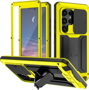 Compatible with Samsung Galaxy S25 Metal Case with Screen Protector Slide Camera Cover Kickstand Full-Body Rugged Durable Military Aluminium Heavy Duty Dustproof Drop Case for Man Yellow
