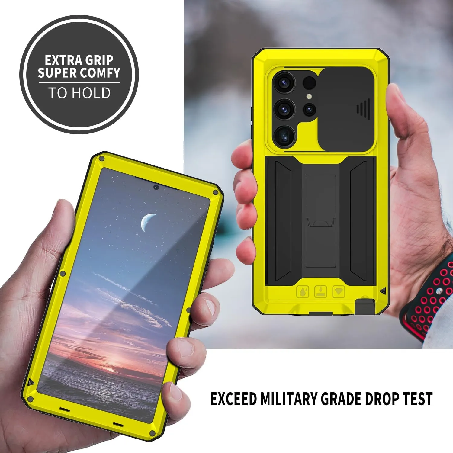 Compatible with Samsung Galaxy S25 Metal Case with Screen Protector Slide Camera Cover Kickstand Full-Body Rugged Durable Military Aluminium Heavy Duty Dustproof Drop Case for Man Yellow