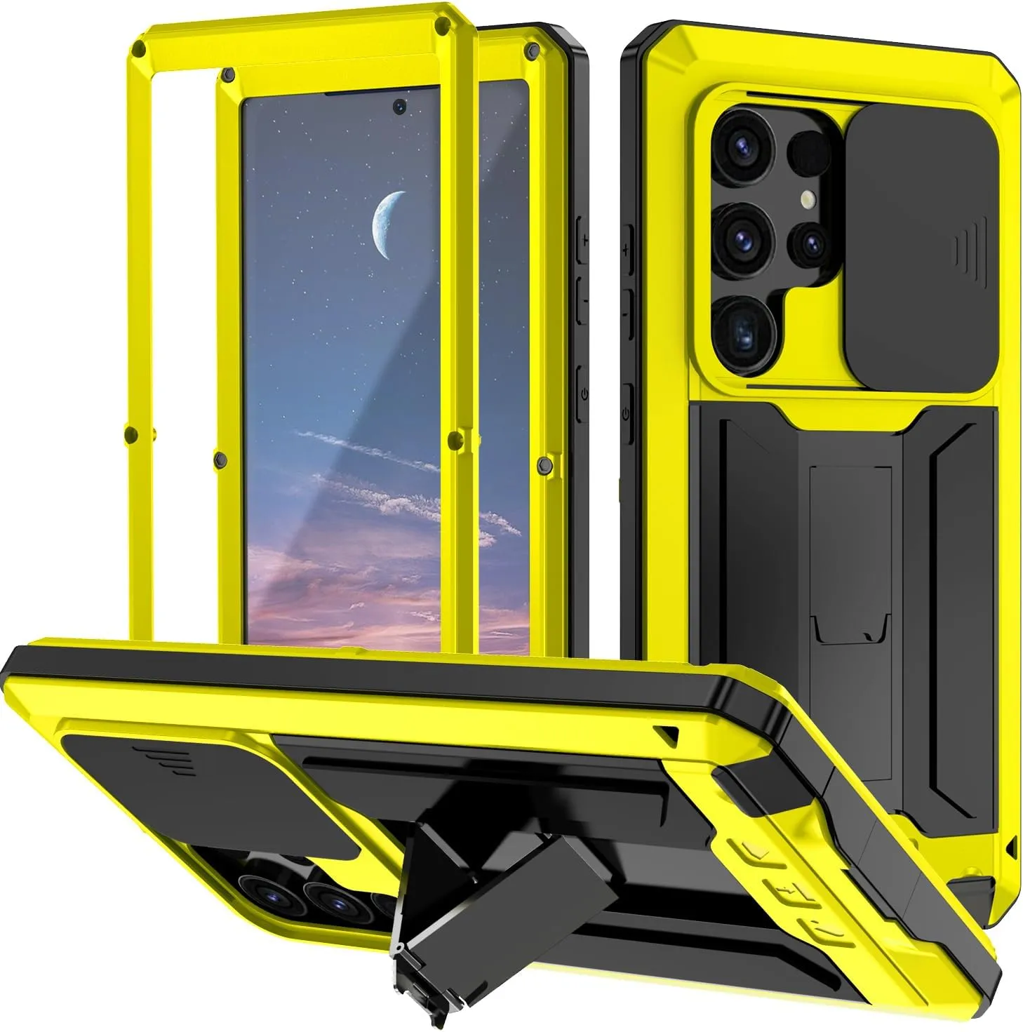 Compatible with Samsung Galaxy S25 Metal Case with Screen Protector Slide Camera Cover Kickstand Full-Body Rugged Durable Military Aluminium Heavy Duty Dustproof Drop Case for Man Yellow