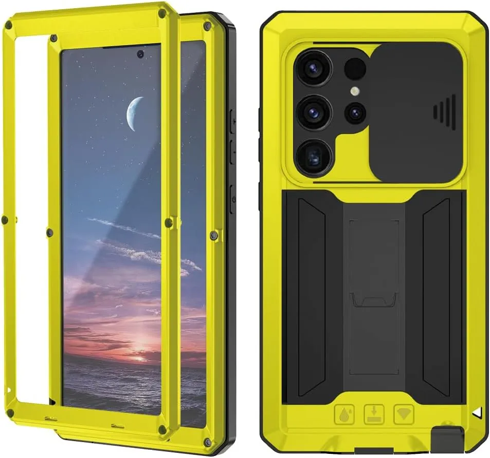Compatible with Samsung Galaxy S25 Metal Case with Screen Protector Slide Camera Cover Kickstand Full-Body Rugged Durable Military Aluminium Heavy Duty Dustproof Drop Case for Man Yellow