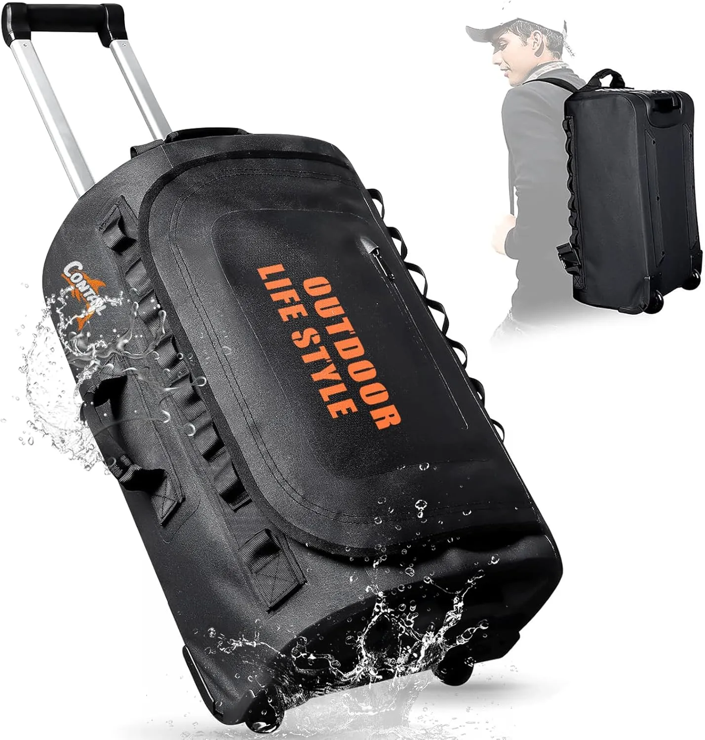 CONTAIL 48L Wheeled Dive Bag with Telescopic Double-Bar Tow Handle,Carry Handles and Detachable Backpack Straps for Scuba Diving Gear,Black