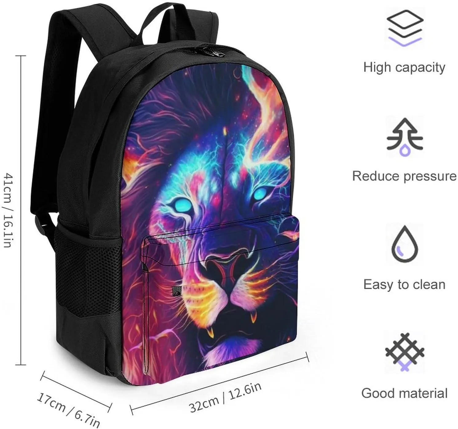 Cool Lion In The Universe Surreal Style Art Backpack Polyester Anti-Theft Multipurpose Bookbag Large Capacity Laptop Book Bag Rucksack With Side Pockets