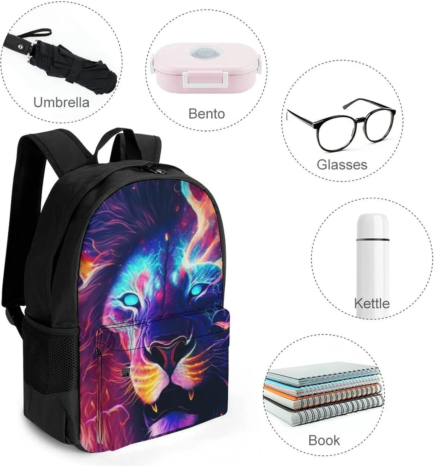Cool Lion In The Universe Surreal Style Art Backpack Polyester Anti-Theft Multipurpose Bookbag Large Capacity Laptop Book Bag Rucksack With Side Pockets