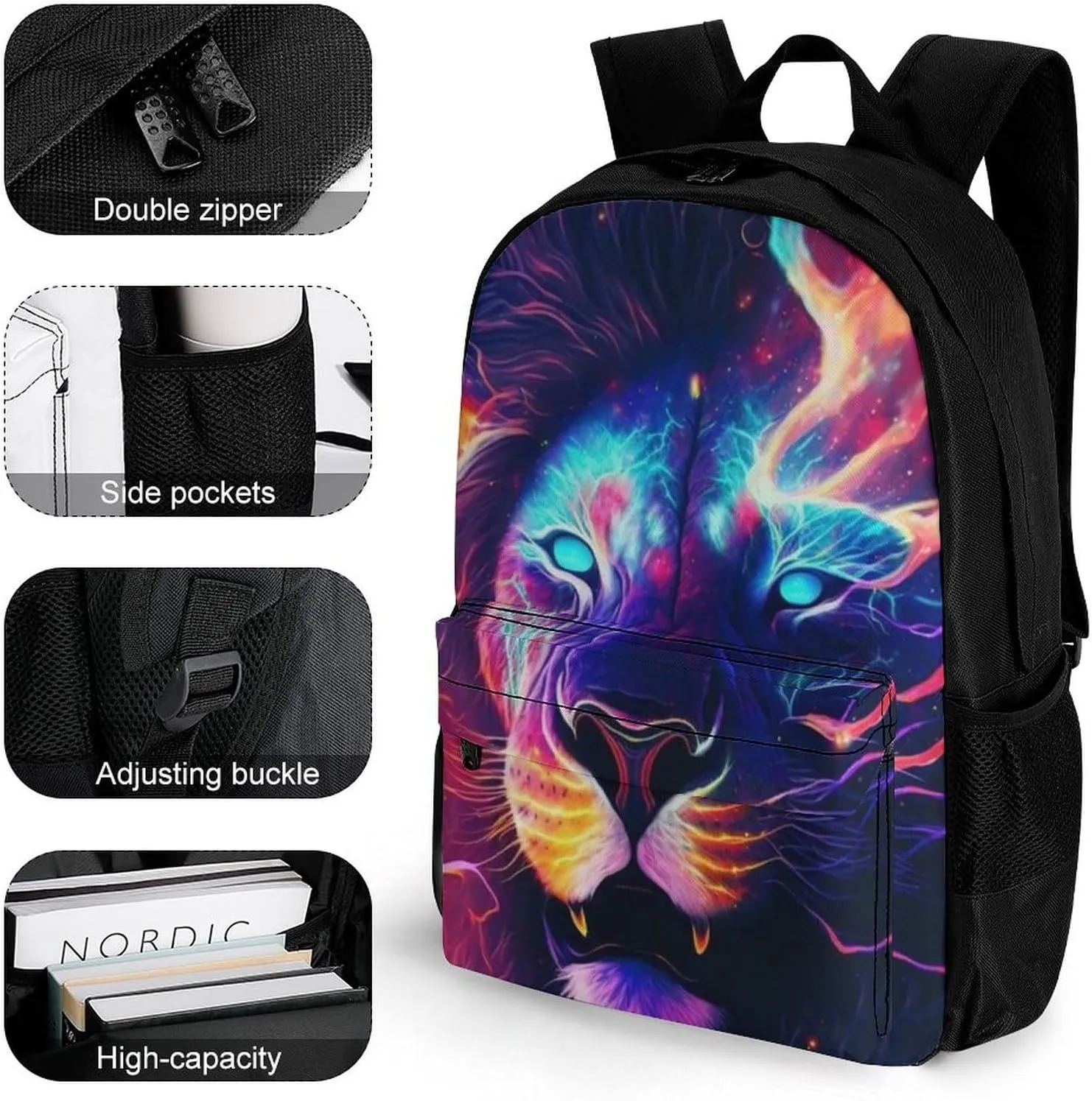 Cool Lion In The Universe Surreal Style Art Backpack Polyester Anti-Theft Multipurpose Bookbag Large Capacity Laptop Book Bag Rucksack With Side Pockets