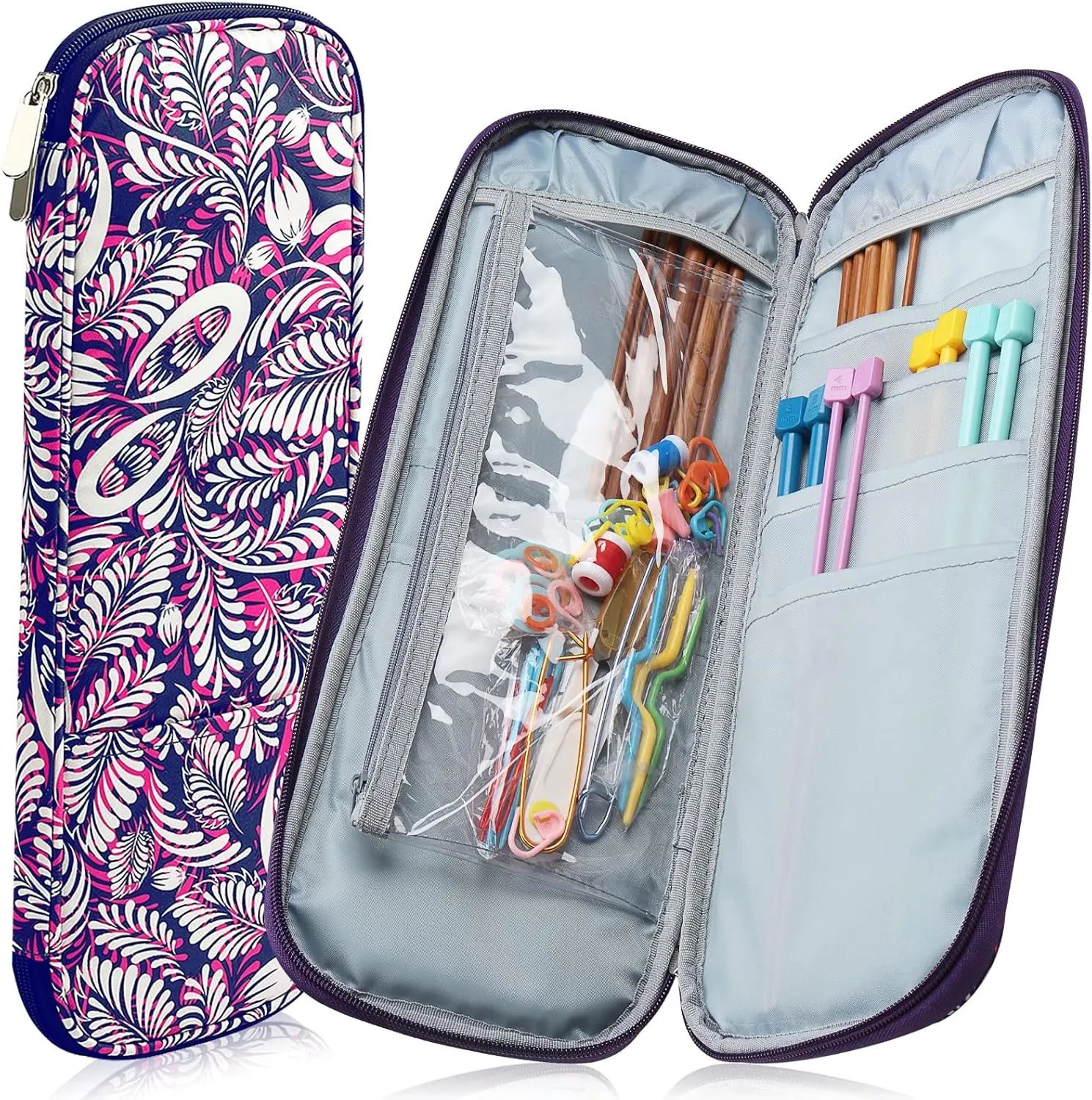 Coopay Knitting Needles Case Travel Knitting Needle Organizer Storage for Straight Knitting Needles (Up to 14''), Tunisian Crochet Hooks, DPNs, Crochet Accessories and Supplies, Pink-Purple