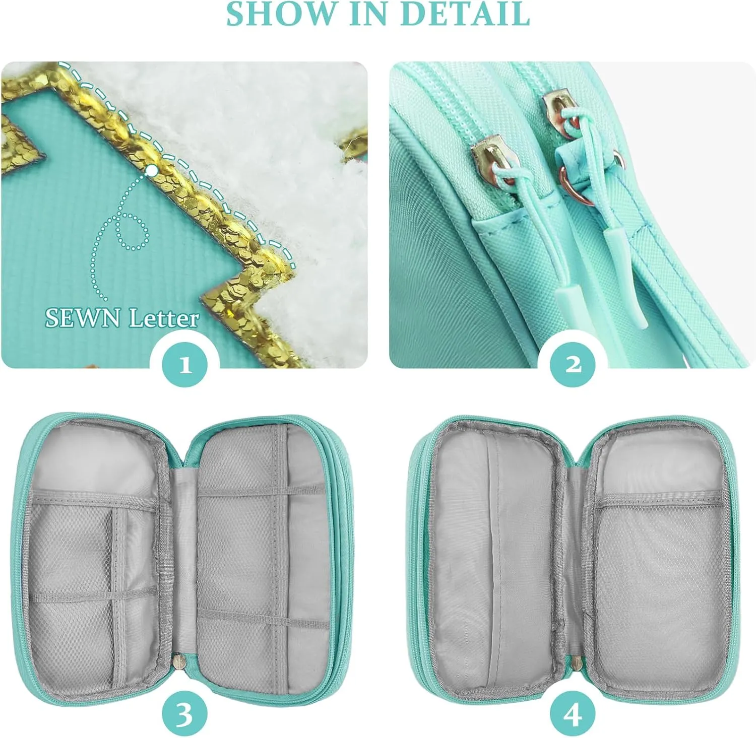 COSHAYSOO Electronics Organizer Bag Travel with Chenille Letter Patch Traveling Must Have Accessories Cute Personalized Gift for Women Cable Cord Charger Storage Pouch (Teal Blue)