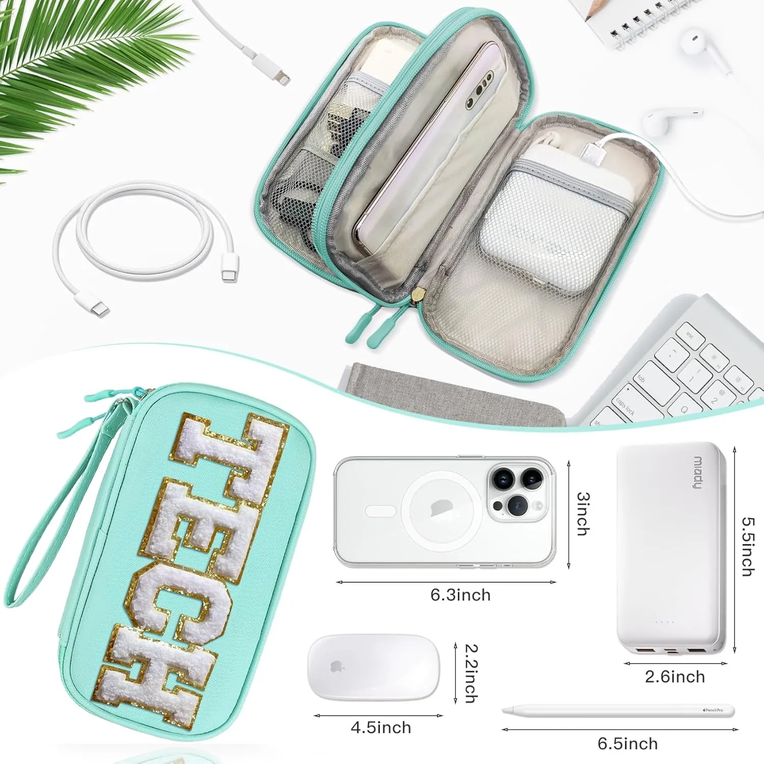 COSHAYSOO Electronics Organizer Bag Travel with Chenille Letter Patch Traveling Must Have Accessories Cute Personalized Gift for Women Cable Cord Charger Storage Pouch (Teal Blue)