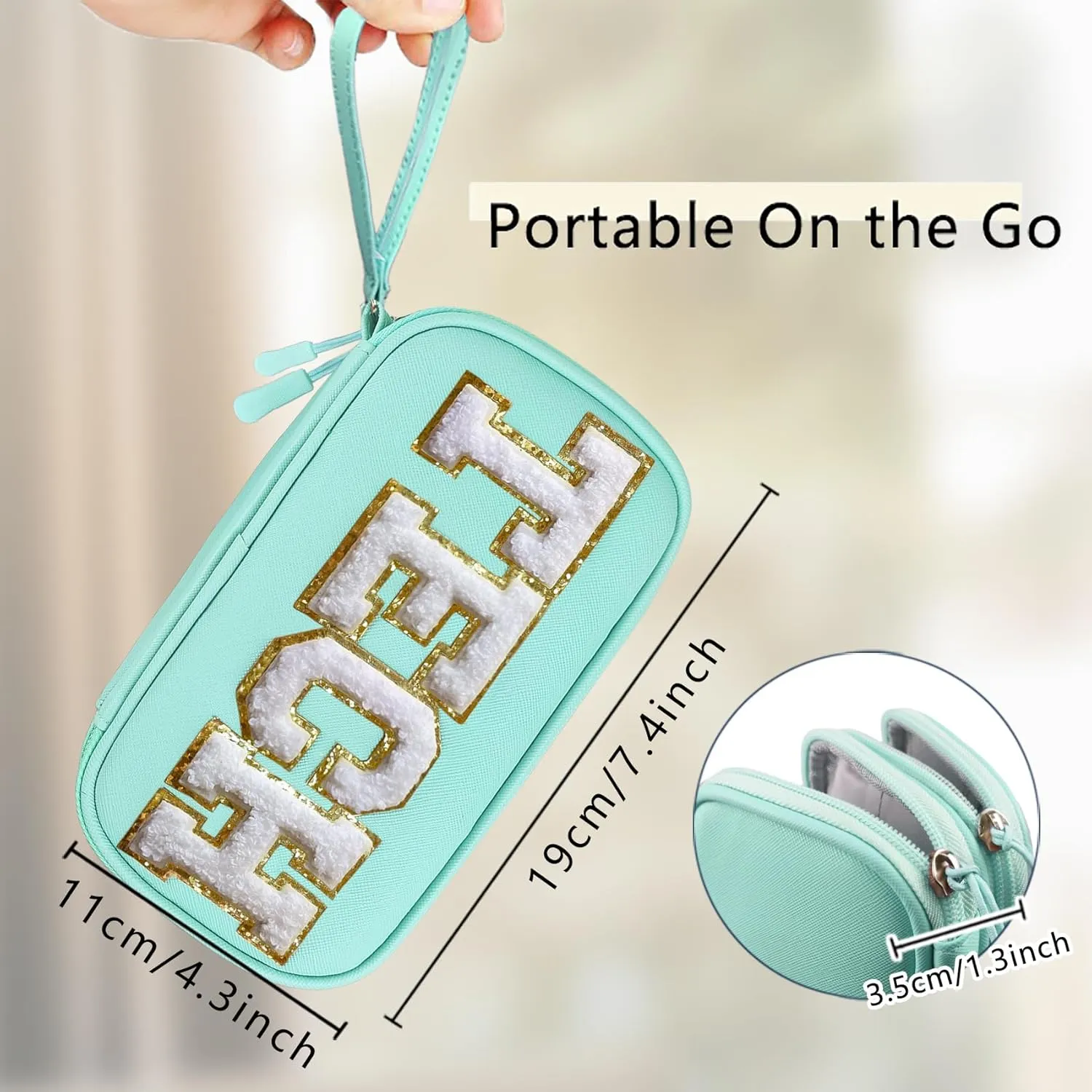COSHAYSOO Electronics Organizer Bag Travel with Chenille Letter Patch Traveling Must Have Accessories Cute Personalized Gift for Women Cable Cord Charger Storage Pouch (Teal Blue)