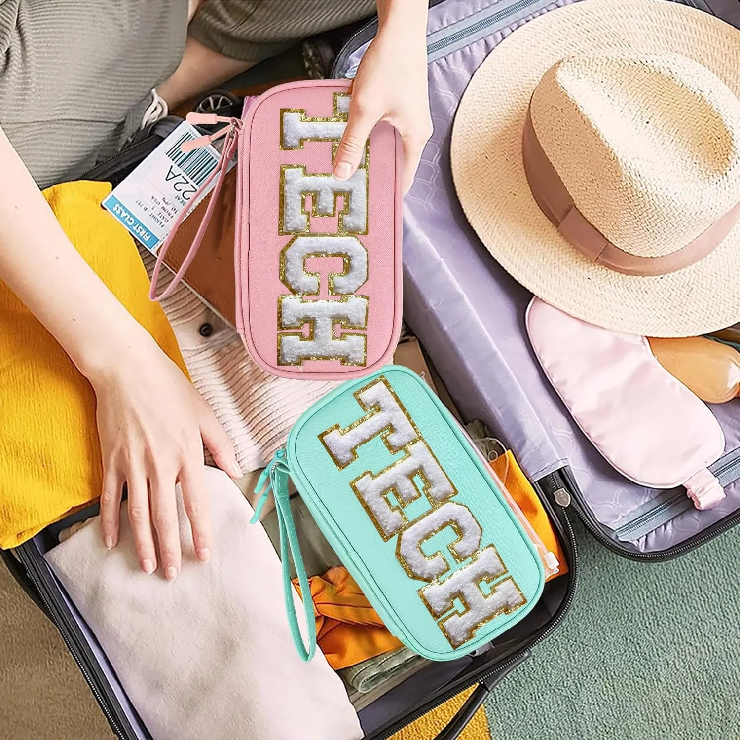 COSHAYSOO Electronics Organizer Bag Travel with Chenille Letter Patch Traveling Must Have Accessories Cute Personalized Gift for Women Cable Cord Charger Storage Pouch (Teal Blue)