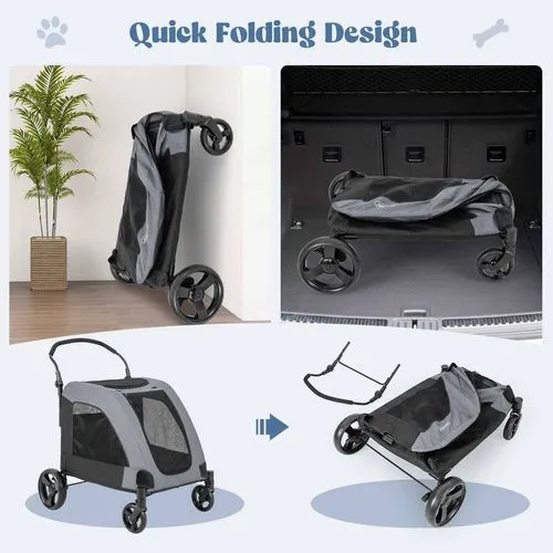 Costway - Foldable Pet Stroller Dog Cat Carrier Cage Extra Large Pet Pram Travel Cart - Grey