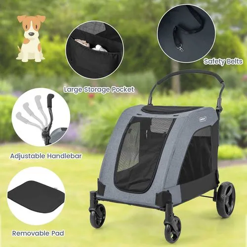 Costway - Foldable Pet Stroller Dog Cat Carrier Cage Extra Large Pet Pram Travel Cart - Grey