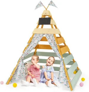 Costzon Kids Tent, Large Wooden Indoor Outdoor Triangle Hideaway Playhouse with Machine Washable Flags, Removable Chalkboard & Door Curtains, Teepee Tent for Kids Children 3  Years Old