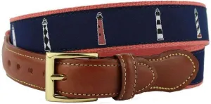 COUNTRY CLUB PREP Any Port in a Storm Lighthouse Leather Tab Belt in Navy on Nantucket Red Canvas