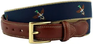 COUNTRY CLUB PREP Duck Hunt Leather Tab Belt in Navy on Khaki Canvas