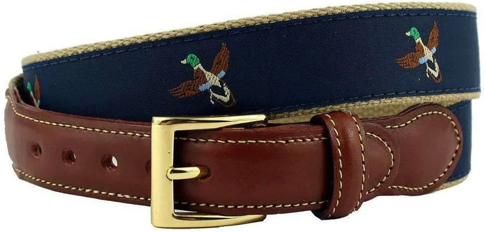 COUNTRY CLUB PREP Duck Hunt Leather Tab Belt in Navy on Khaki Canvas