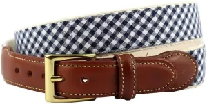 COUNTRY CLUB PREP Gingham Leather Tab Belt in Navy on Natural Canvas