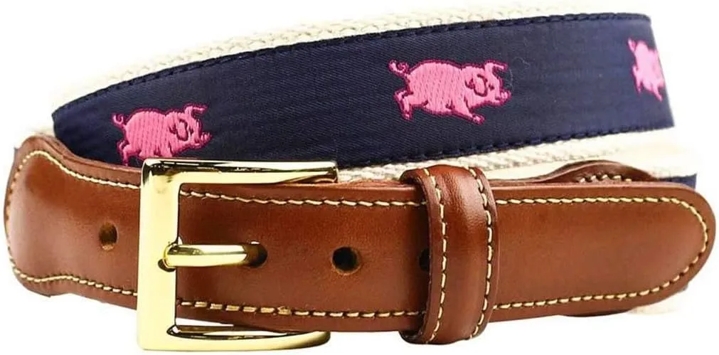 COUNTRY CLUB PREP Prancing Pig Leather Tab Belt in Navy