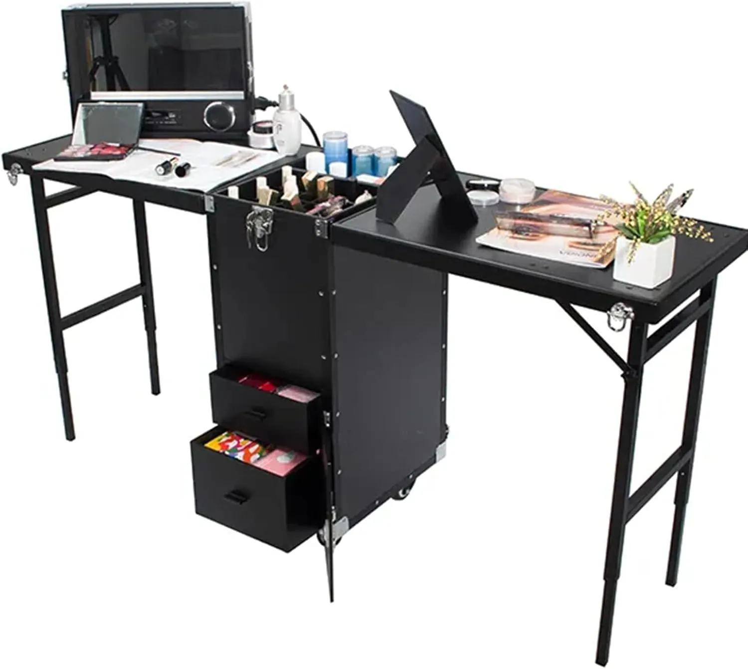 COYEUX Portable Rolling Makeup Train Case, Professional Makeup Trolley, with 2 Expandable Floor-Standing Tabletops & 4 Drawers Mirror Speaker, for Lockable Salon Travel