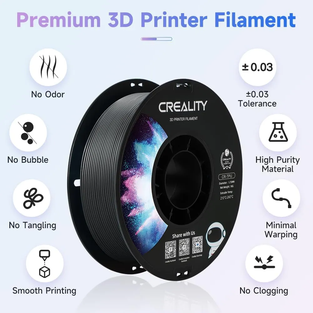 Creality TPU Filament Black, Flexible 3D Printer Filament 1.75mm 1kg, Dimensional Accuracy  /- 0.03 mm, 95A Shore Hardness Good Layer Bonding Performance for DIY Basketball Car Toy