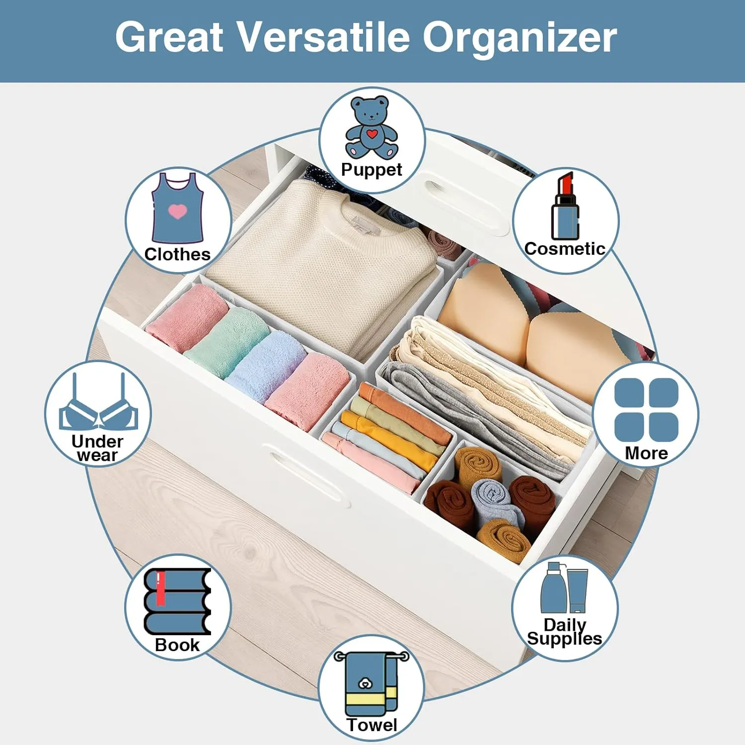 Criusia Drawer Organizer Clothes, 8 Pack Underwear Drawer Organizer, Foldable Closet Organizers and Storage Dresser Drawer Dividers for Clothes, Socks, Scarves, Ties (White)