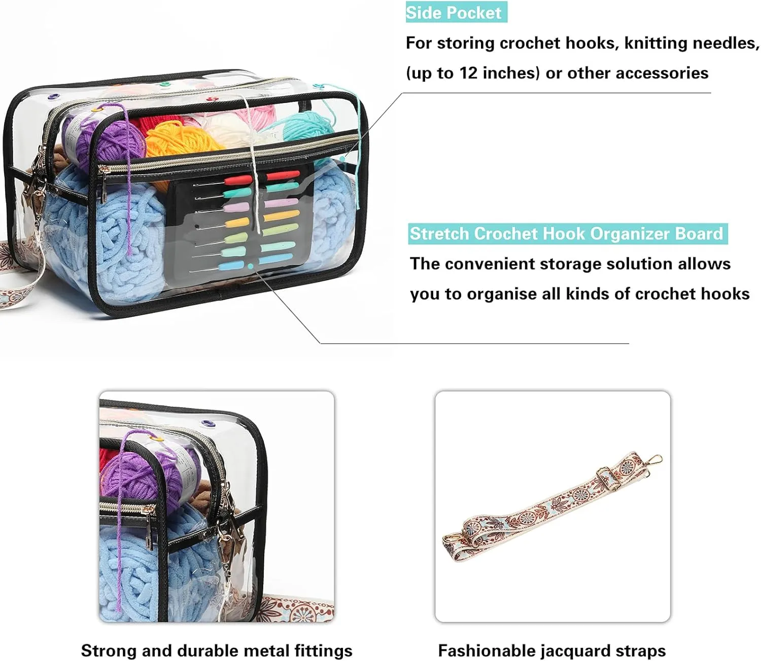 Crochet Bag - Transparent Yarn Storage - Yarn & Crochet Accessories Organizer, Black & Flower Jacquard Shoulder Straps