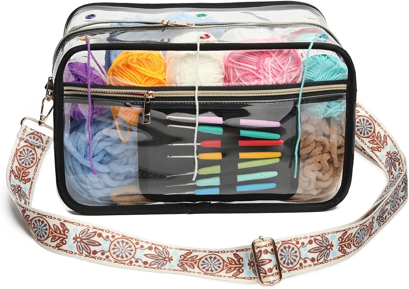 Crochet Bag - Transparent Yarn Storage - Yarn & Crochet Accessories Organizer, Black & Flower Jacquard Shoulder Straps