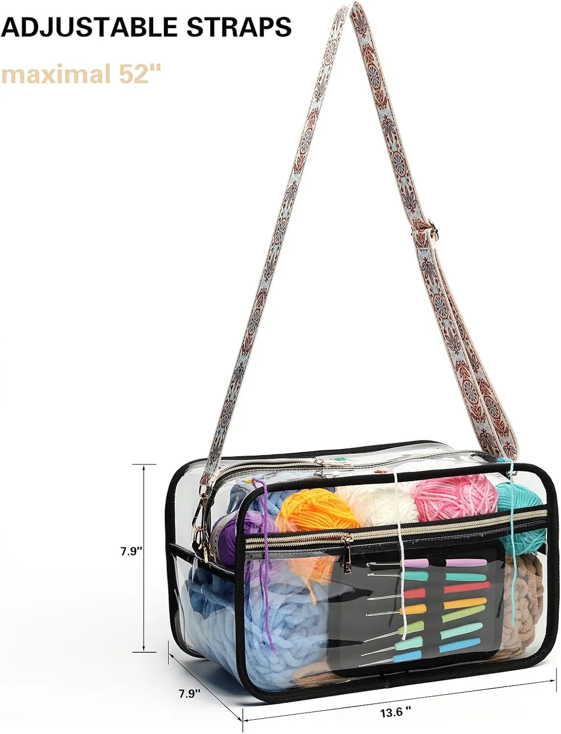 Crochet Bag - Transparent Yarn Storage - Yarn & Crochet Accessories Organizer, Black & Flower Jacquard Shoulder Straps