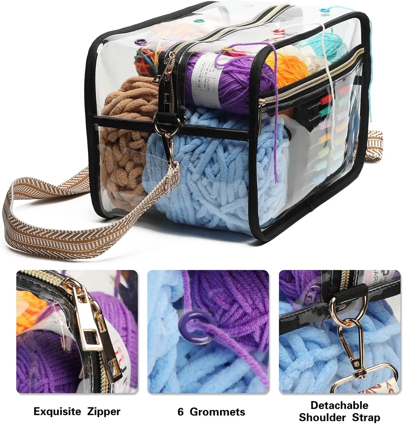 Crochet Bag - Transparent Yarn Storage - Yarn & Crochet Accessories Organizer, Black & Flower Jacquard Shoulder Straps