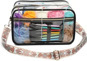 Crochet Bag - Transparent Yarn Storage - Yarn & Crochet Accessories Organizer, Black & Flower Jacquard Shoulder Straps