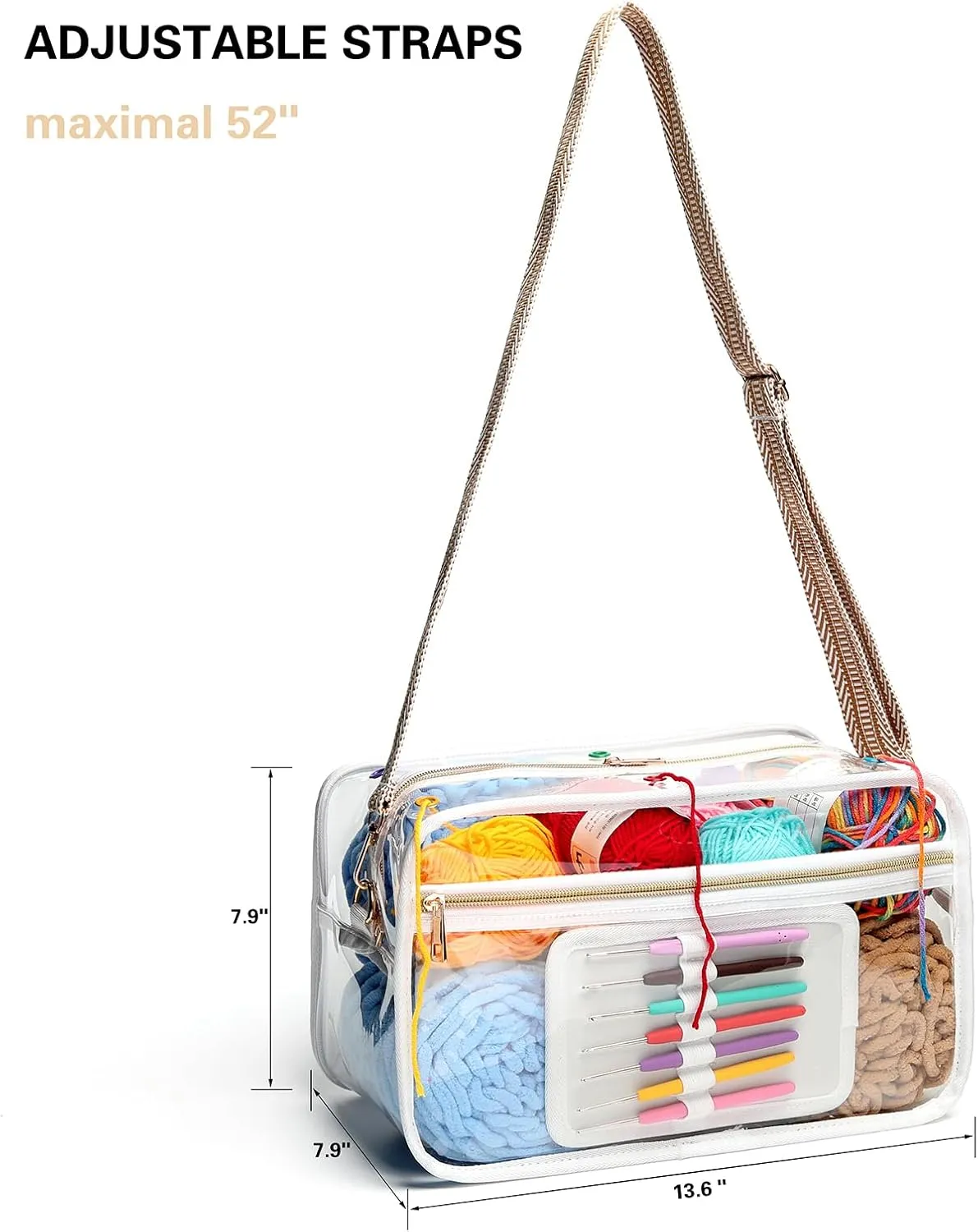 Crochet Bag - Transparent Yarn Storage - Yarn & Crochet Accessories Organizer, White - Striped Jacquard Shoulder Straps