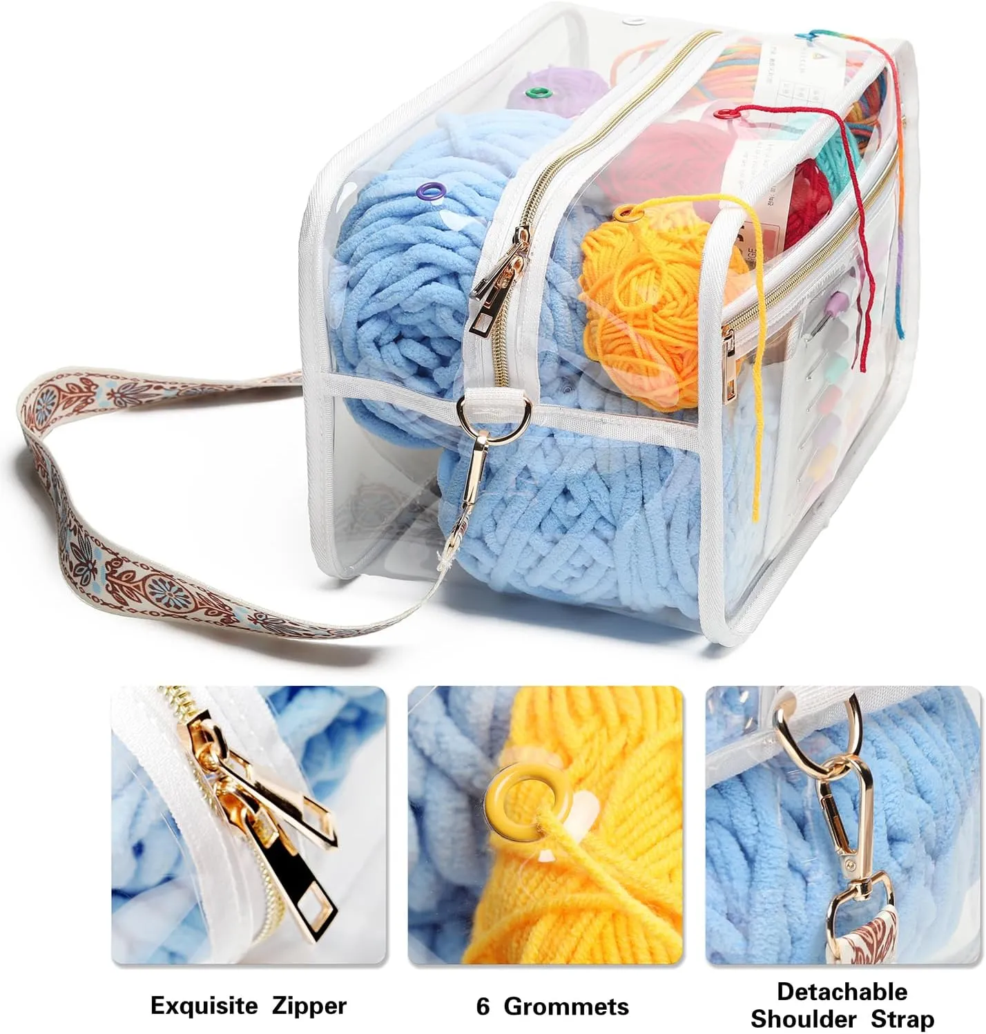 Crochet Bag - Transparent Yarn Storage - Yarn & Crochet Accessories Organizer, White - Striped Jacquard Shoulder Straps