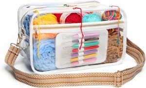 Crochet Bag - Transparent Yarn Storage - Yarn & Crochet Accessories Organizer, White - Striped Jacquard Shoulder Straps