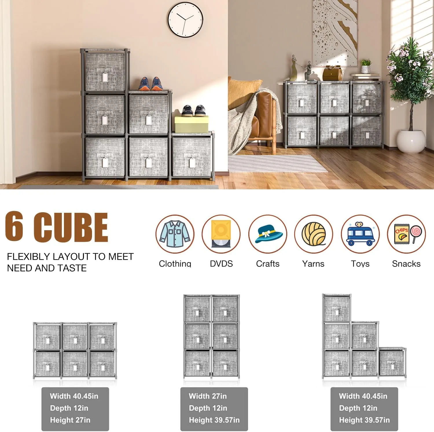 Cube Storage Organizer Shelf with 6 Printed Bins   Labels, Cubby Storage Organizer with Bins, Large Capacity Shelves for Storage,Closet, Living Room, Dorm, Yarn