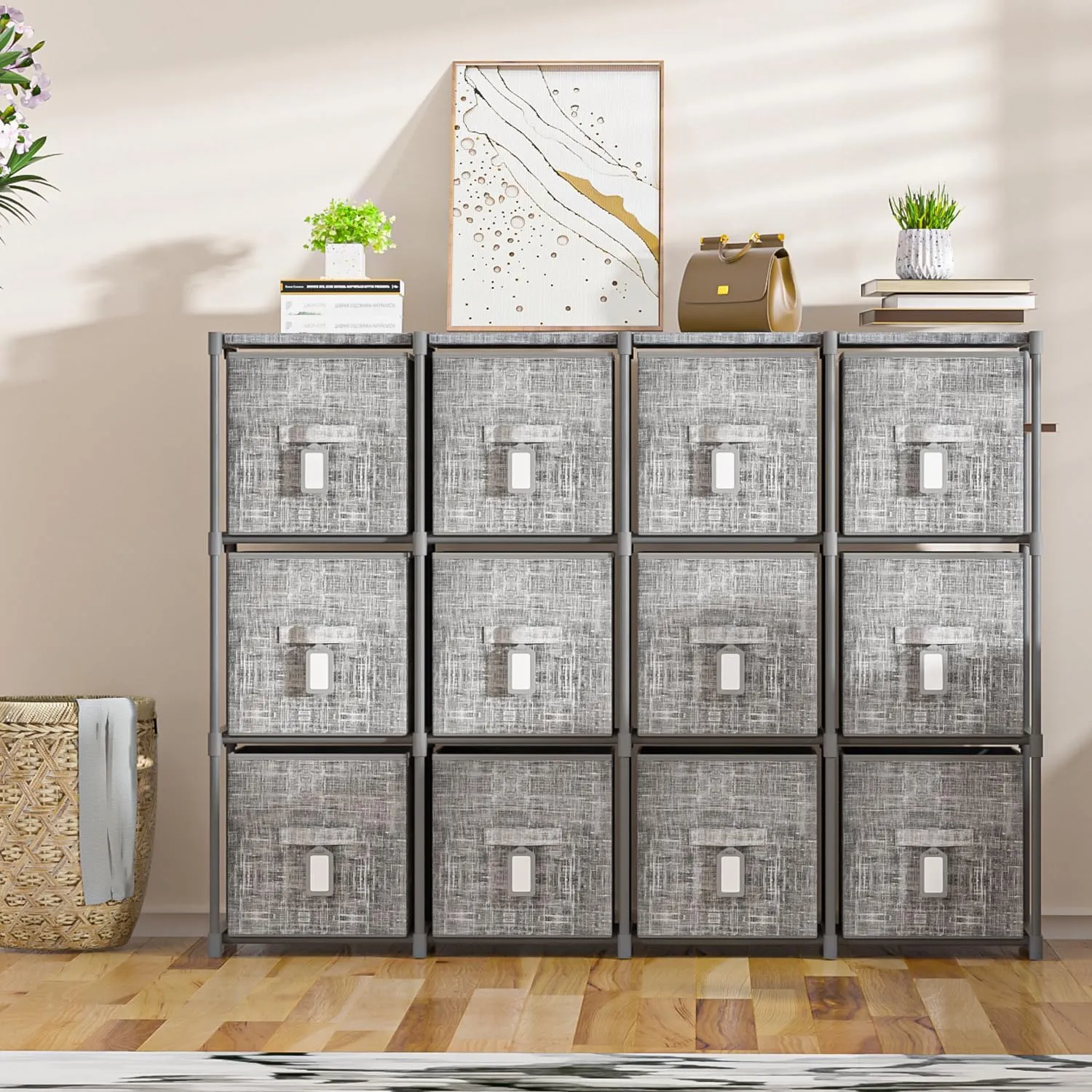 Cube Storage Organizer Shelf with 6 Printed Bins   Labels, Cubby Storage Organizer with Bins, Large Capacity Shelves for Storage,Closet, Living Room, Dorm, Yarn
