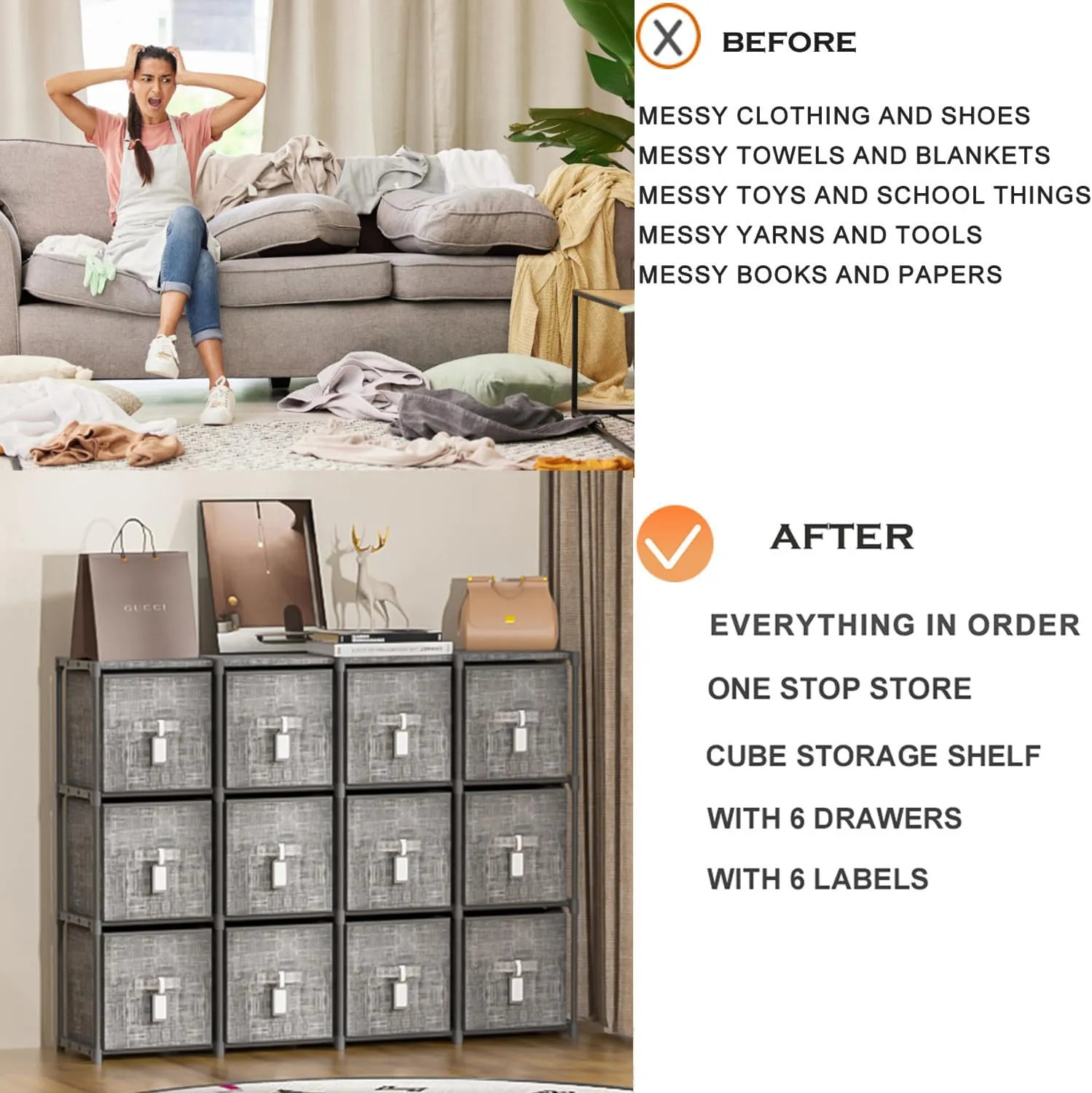 Cube Storage Organizer Shelf with 6 Printed Bins   Labels, Cubby Storage Organizer with Bins, Large Capacity Shelves for Storage,Closet, Living Room, Dorm, Yarn