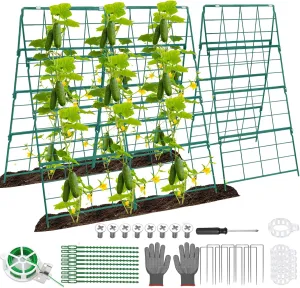Cucumber Trellis for Raised Bed A Frame Metal Garden Trellis for Climbing Plants Outdoor, 42 x 32IN Foldable Coated Steel Cucumbers Trellis, Easy to Install Cucumber Trellis for Vegetable Fruit Flower