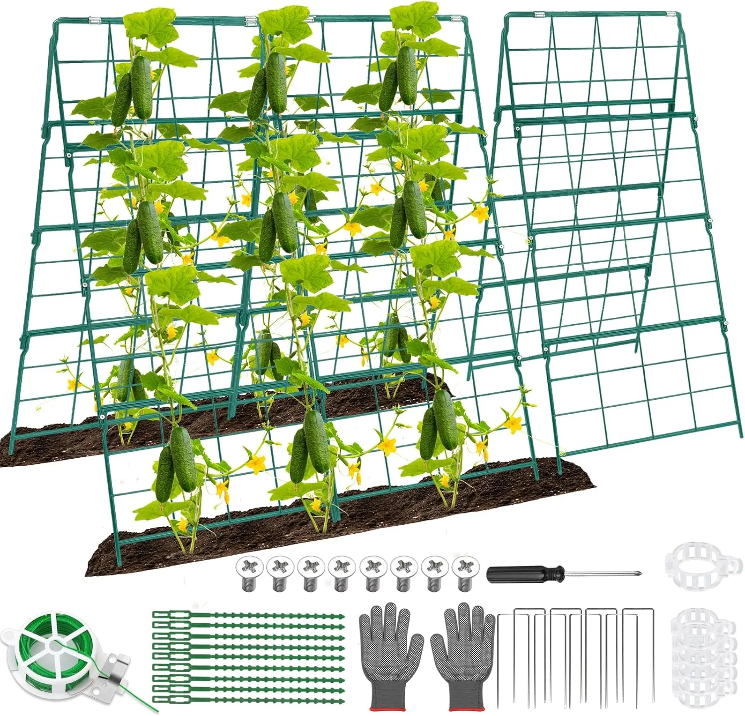 Cucumber Trellis for Raised Bed A Frame Metal Garden Trellis for Climbing Plants Outdoor, 42 x 32IN Foldable Coated Steel Cucumbers Trellis, Easy to Install Cucumber Trellis for Vegetable Fruit Flower