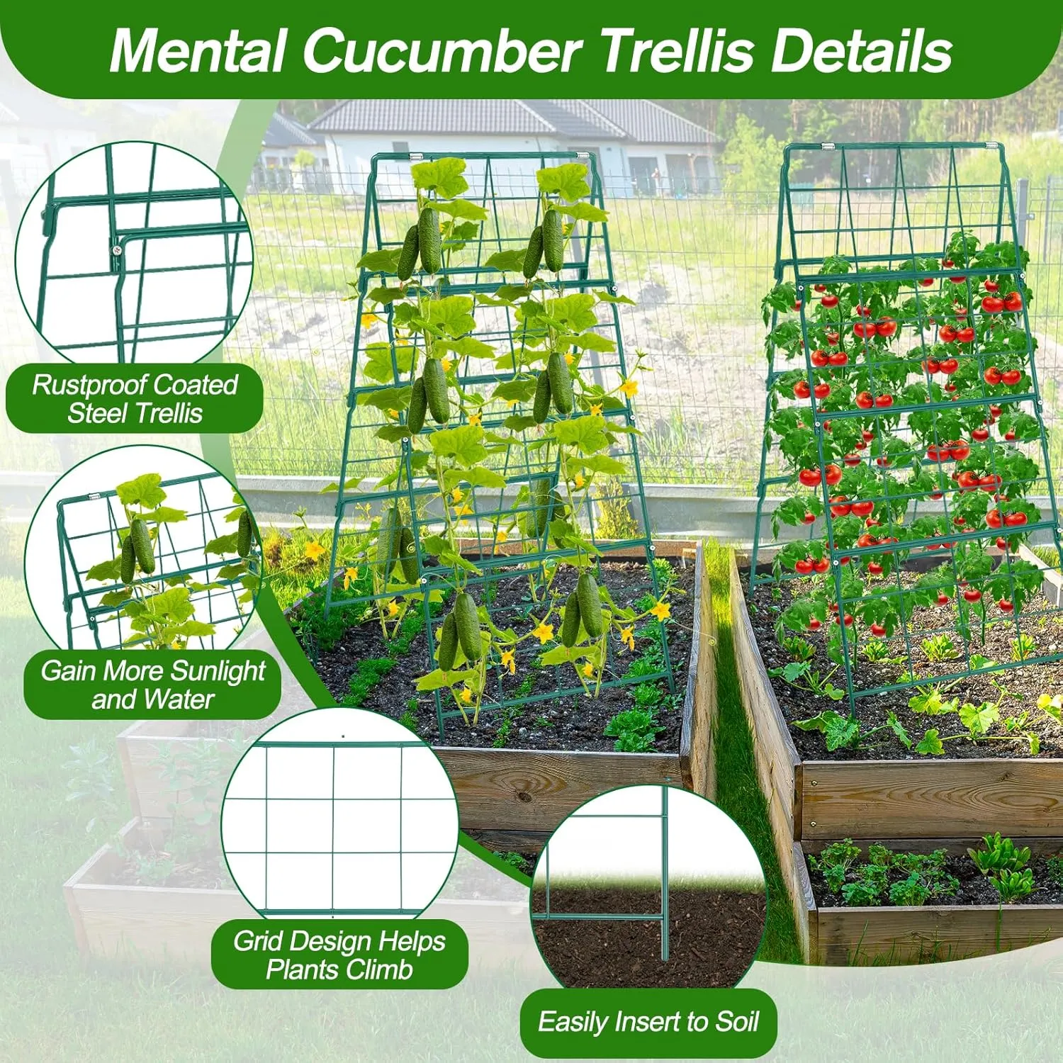 Cucumber Trellis for Raised Bed A Frame Metal Garden Trellis for Climbing Plants Outdoor, 42 x 32IN Foldable Coated Steel Cucumbers Trellis, Easy to Install Cucumber Trellis for Vegetable Fruit Flower