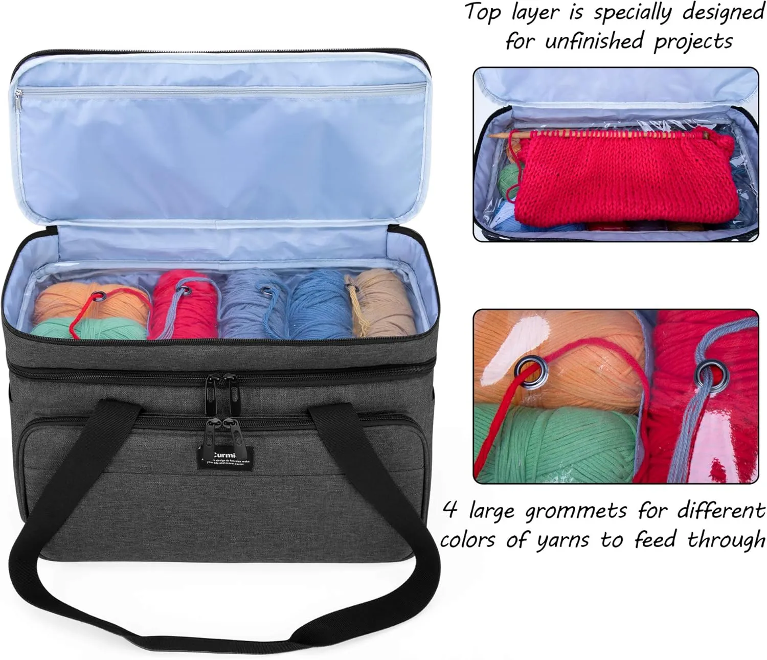 CURMIO Double-Layer Knitting Tote, Yarn Storage Bag with Compartments for Crochet Hooks, Knitting Needles (Up to 14 Inches), Project and Accessories, Black (Patented Design)