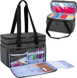 CURMIO Double-Layer Knitting Tote, Yarn Storage Bag with Compartments for Crochet Hooks, Knitting Needles (Up to 14 Inches), Project and Accessories, Black (Patented Design)